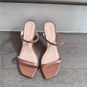 Stuart Weitzman Tan Strappy Square-Toe Heeled Sandals